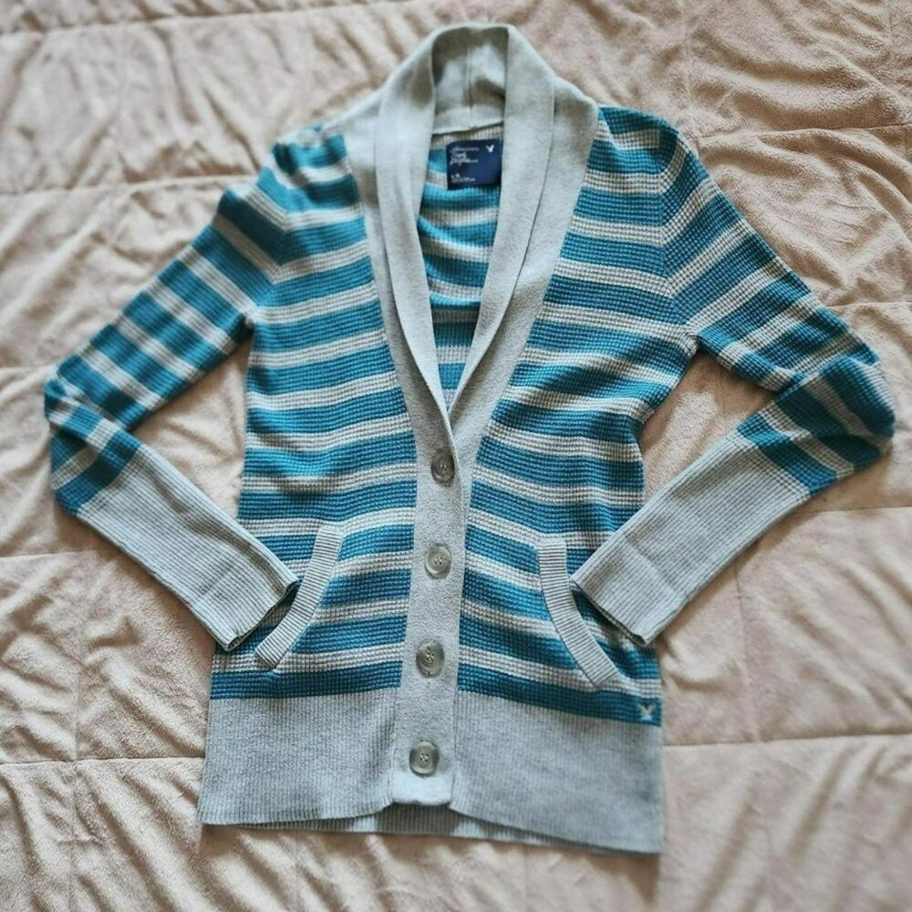 American Eagle Outfitters Teal and Light Gray Striped Shawl Collar Cardigan